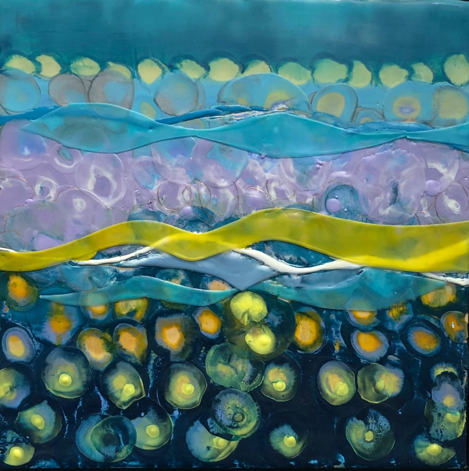 Night Circles by Peg Bachenheimer, encaustic, 12×12 at Craven Allen Gallery